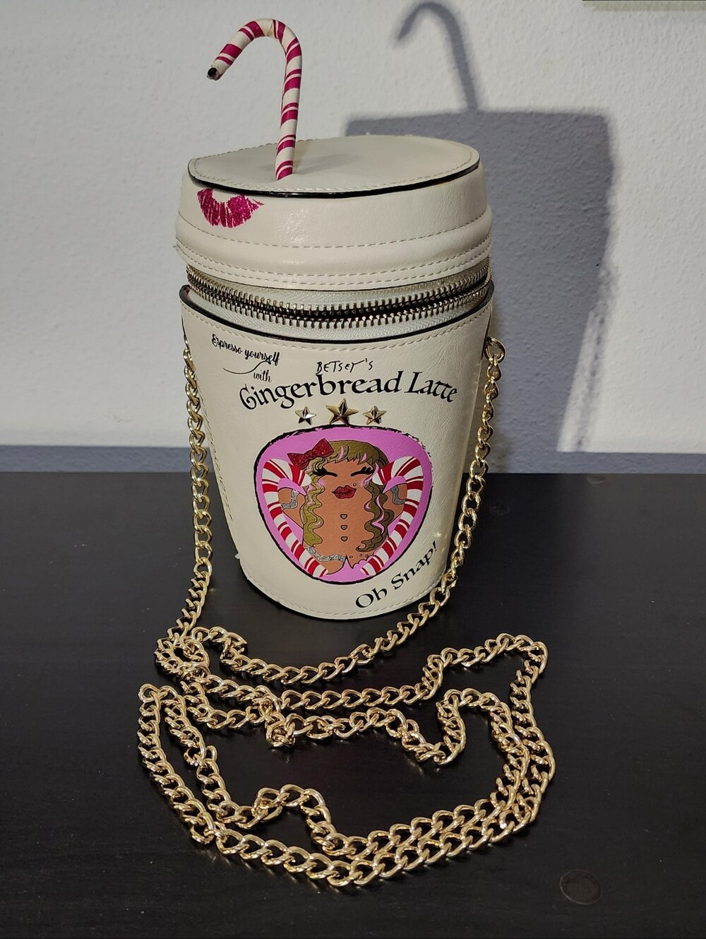 Betsey Johnson Cream Gingerbread Latte Novelty Crossbody with Pink Accents